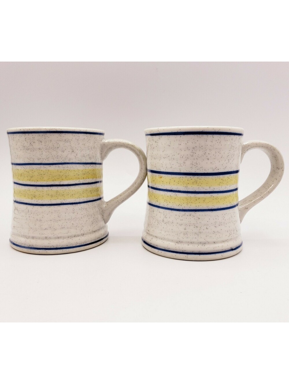 Stoneware Pottery Coffee Mugs Blue Yellow Stripes QTY 2 Tea Cup Coastal